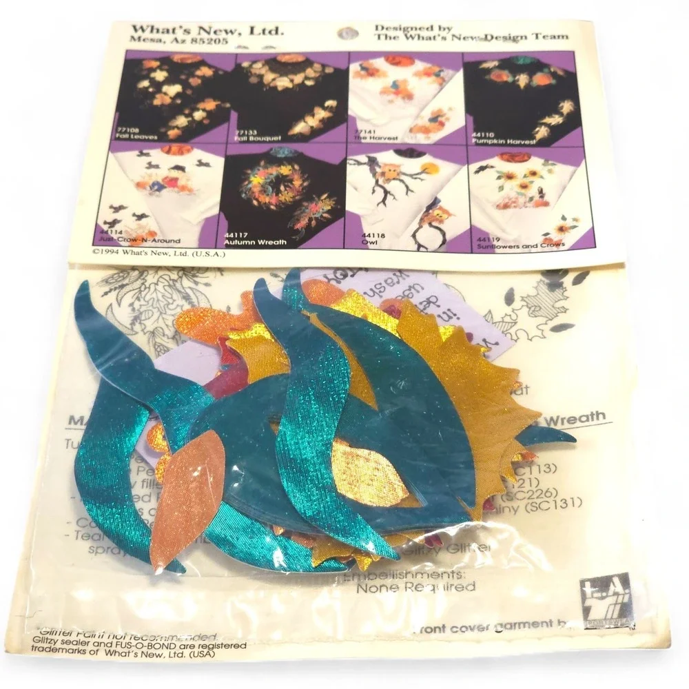 Vintage 1994 Glitzy Shirts Autumn Wreath Iron On Applique Kit 44117 Lame MCM DIY